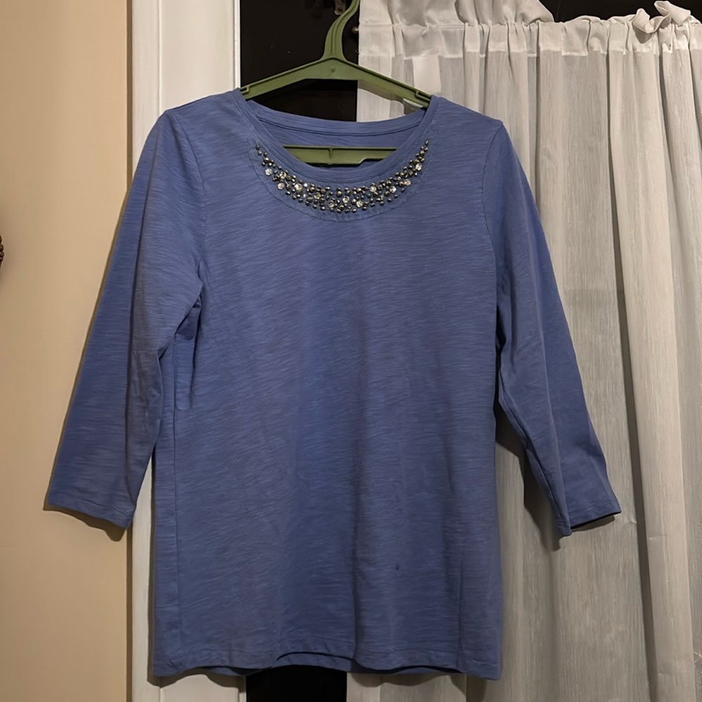 Women’s,  3/4 sleeve, Indigo T shirt with rhinestone enhanced neck line. Sz Sm